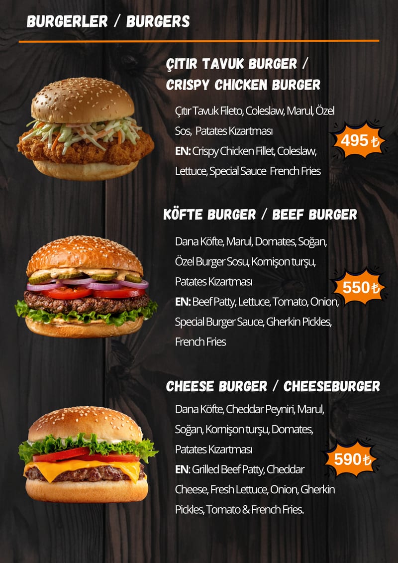 Street Munch burger menüsü — çıtır tavuk, köfte, cheeseburger