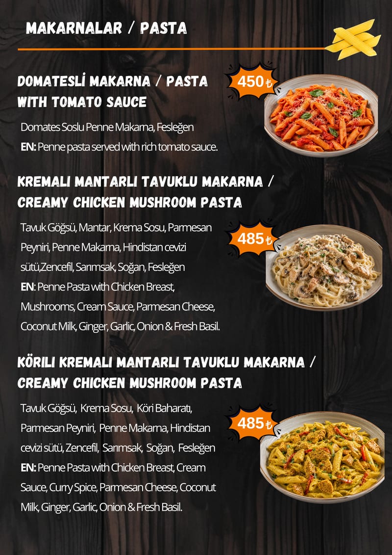 Street Munch makarna menüsü