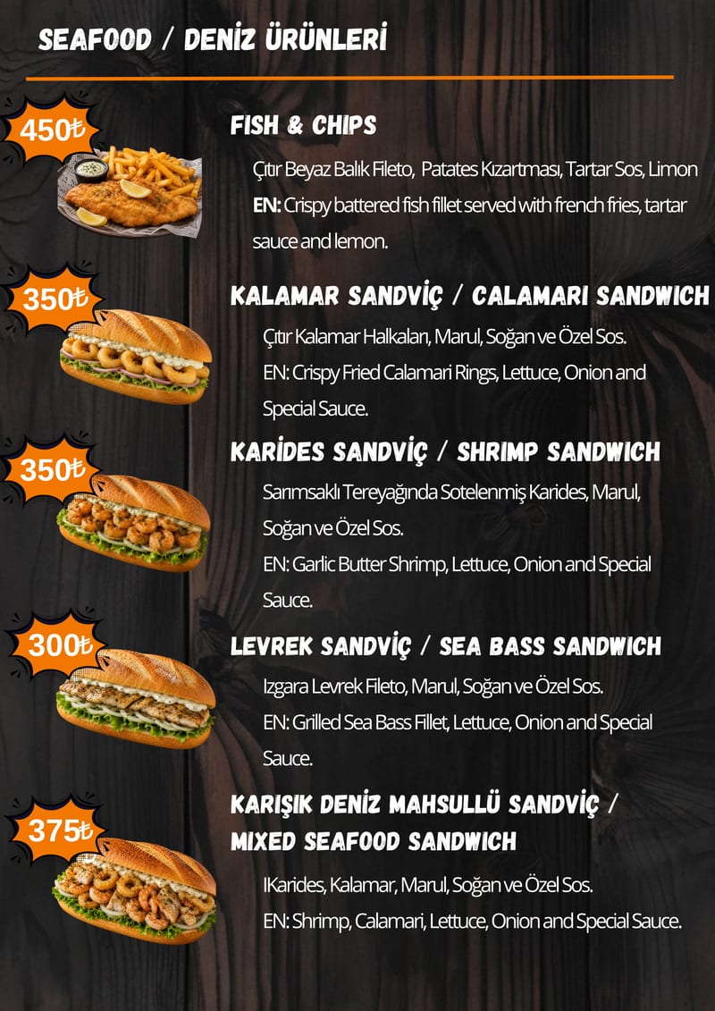 Street Munch seafood ve balık sandviç menüsü